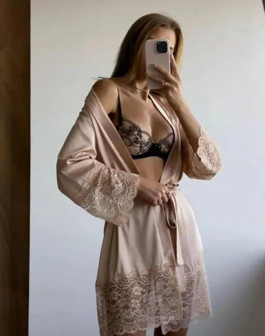 Champagne Glow Satin Lace Robe Set – Luxury Intimate Collection