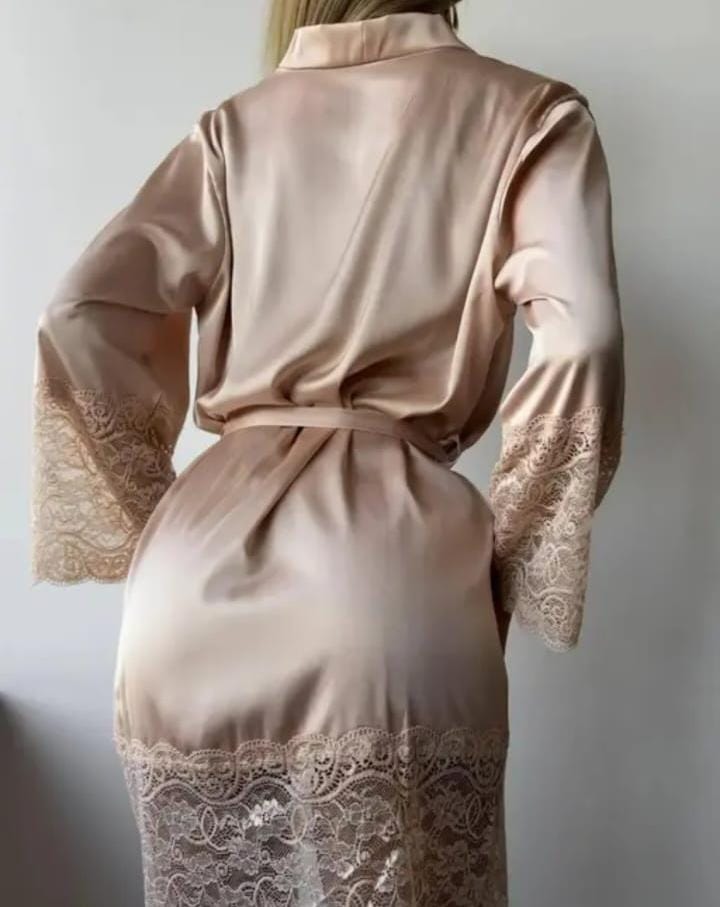 Champagne Glow Satin Lace Robe Set – Luxury Intimate Collection