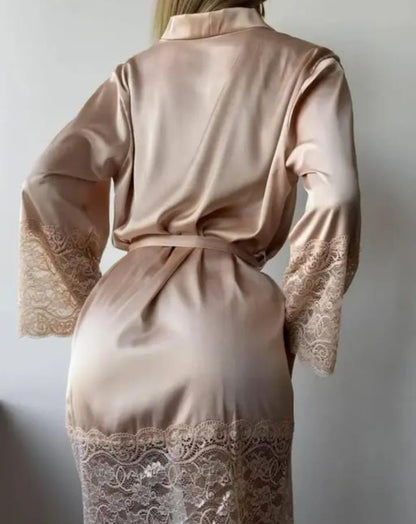 Champagne Glow Satin Lace Robe Set – Luxury Intimate Collection